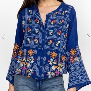Johnny Was Wyatt Floral Embroidered Blue Blouse